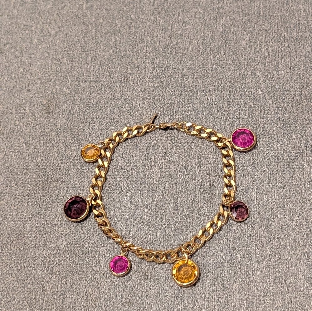 Vintage Monet Gold Chain Bracelet Purple Pink Yellow Glass Charm 7"